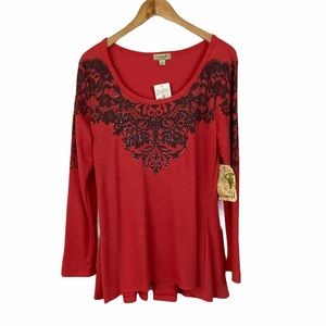 One World red top with jewel embellishments NWOT
